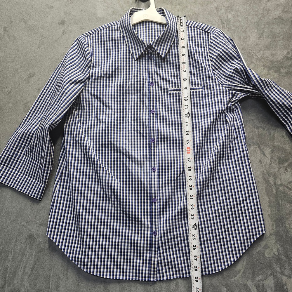 Lafayette 148 New York Blue Gingham Check 3/4 Sleeve Button-up Shirt Large - Picture 6 of 9